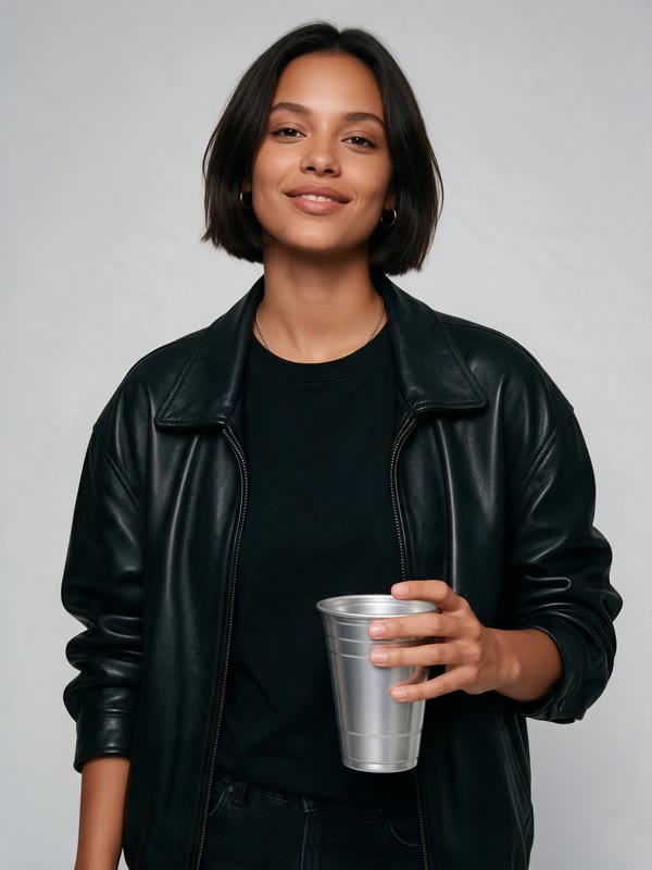 Example photo: a woman in a black leather jacket
